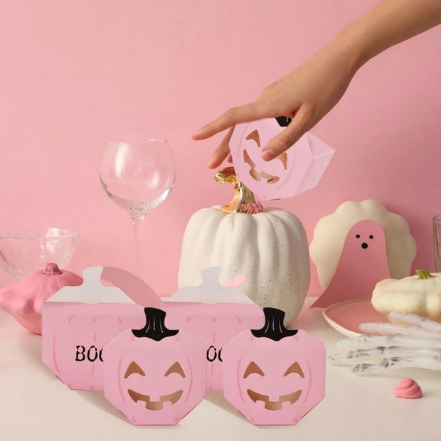 20 PcsPink Halloween Gift Boxes Pumpkin Shaped Treat Boxes Square Favor Wrapping Boxes Halloween Party Favor Supplies For Indoor Home Holiday Party Thanksgiving Decorations