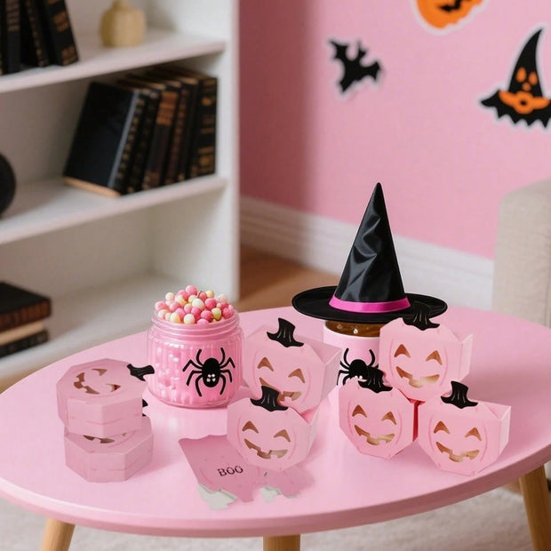 20 PcsPink Halloween Gift Boxes Pumpkin Shaped Treat Boxes Square Favor Wrapping Boxes Halloween Party Favor Supplies For Indoor Home Holiday Party Thanksgiving Decorations
