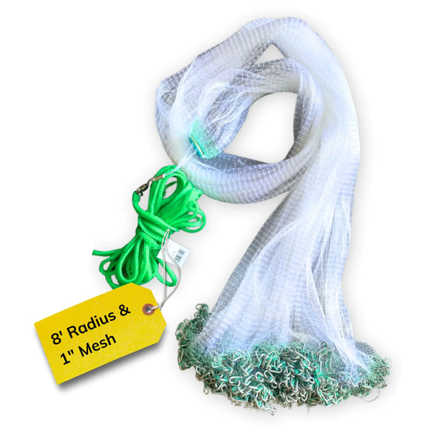 Silver Catch Cast Nets 8ft Radius|1 Inch Mesh for Fishing with Chain Bottom Salt Water Casting Fishing Net Gear Easy Throw Nets Fishing Bait in 4.5ft-10ft Radius|3/8"1/2"1" Mesh - Elite Series