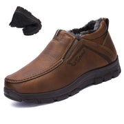 Lossarye Mens Slip-On Winter Snow Boots Warm Fur Lined Casual Non-Slip Outdoors Leather Booties Cozy Walking Loafers (Borwn10Male)