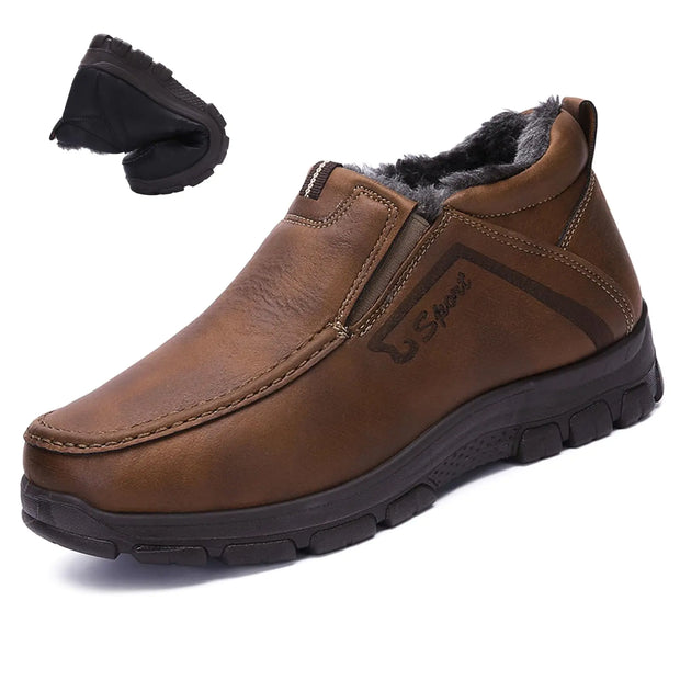 Lossarye Mens Slip-On Winter Snow Boots Warm Fur Lined Casual Non-Slip Outdoors Leather Booties Cozy Walking Loafers (Borwn10Male)